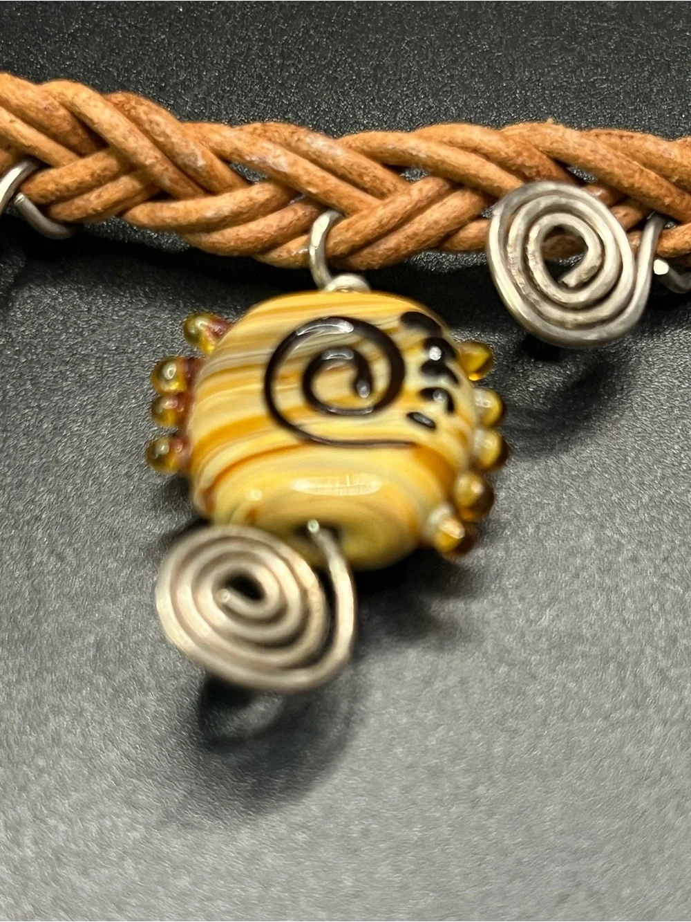 Artisan Sterling Silver Wire Art Glass Braided Leather Statement Necklace Boho